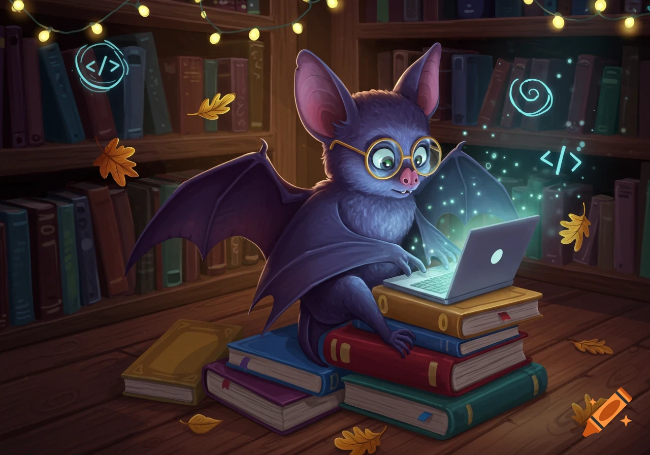 An illustrated bat with glasses types on a laptop while sitting on books in a cozy library with glowing lights and autumn leaves.