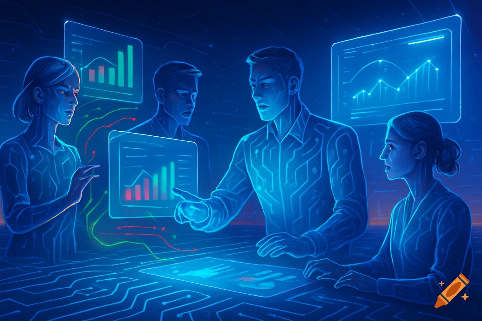 Digital art of stylized figures in a glowing blue tech environment, interacting with data screens and circuit board patterns.