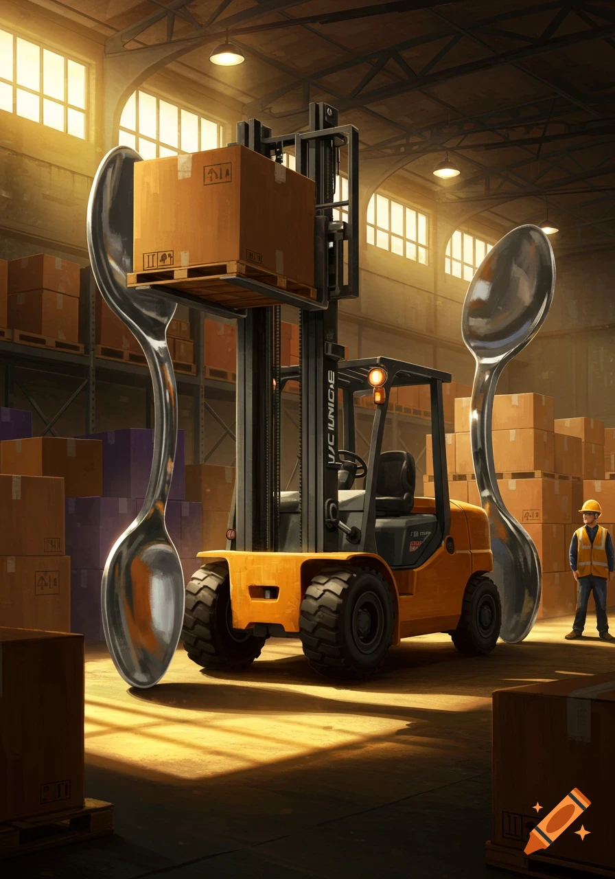 A yellow forklift with giant metal spoons as its forks lifts a large brown box on a pallet in a sunlit warehouse. A worker stands nearby.