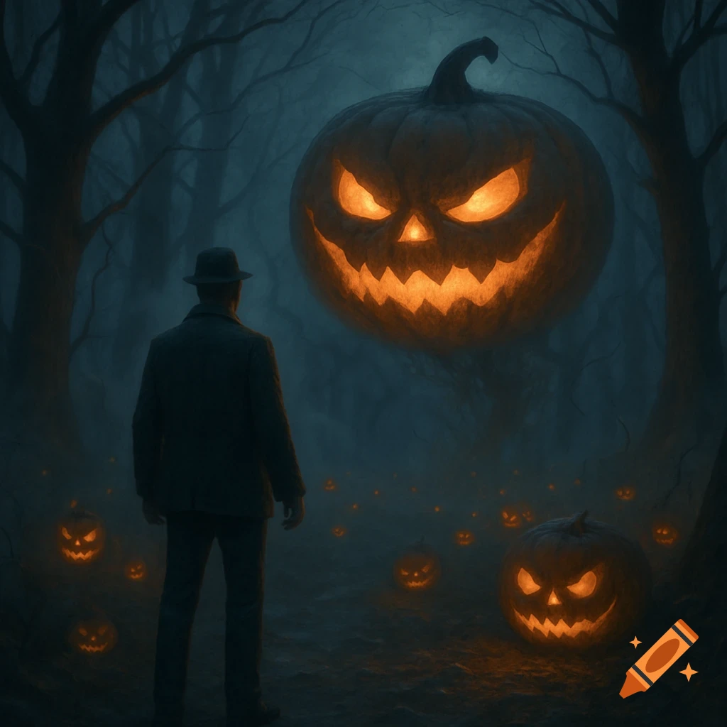 Man in a hat gazes at a colossal, glowing jack-o'-lantern in a dark, foggy forest filled with smaller illuminated pumpkins.