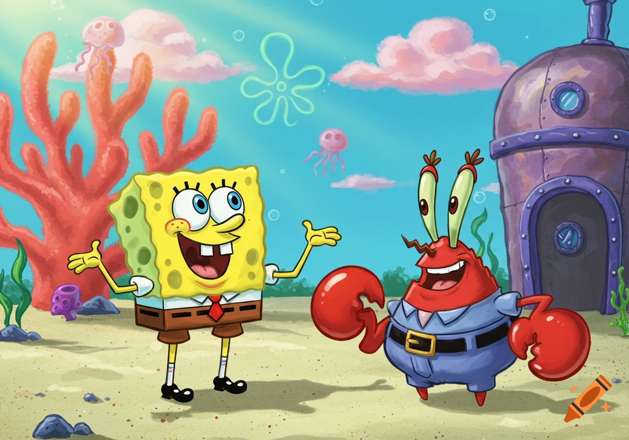 SpongeBob SquarePants and Mr. Krabs smiling and talking in an underwater scene with coral and the Krusty Krab.