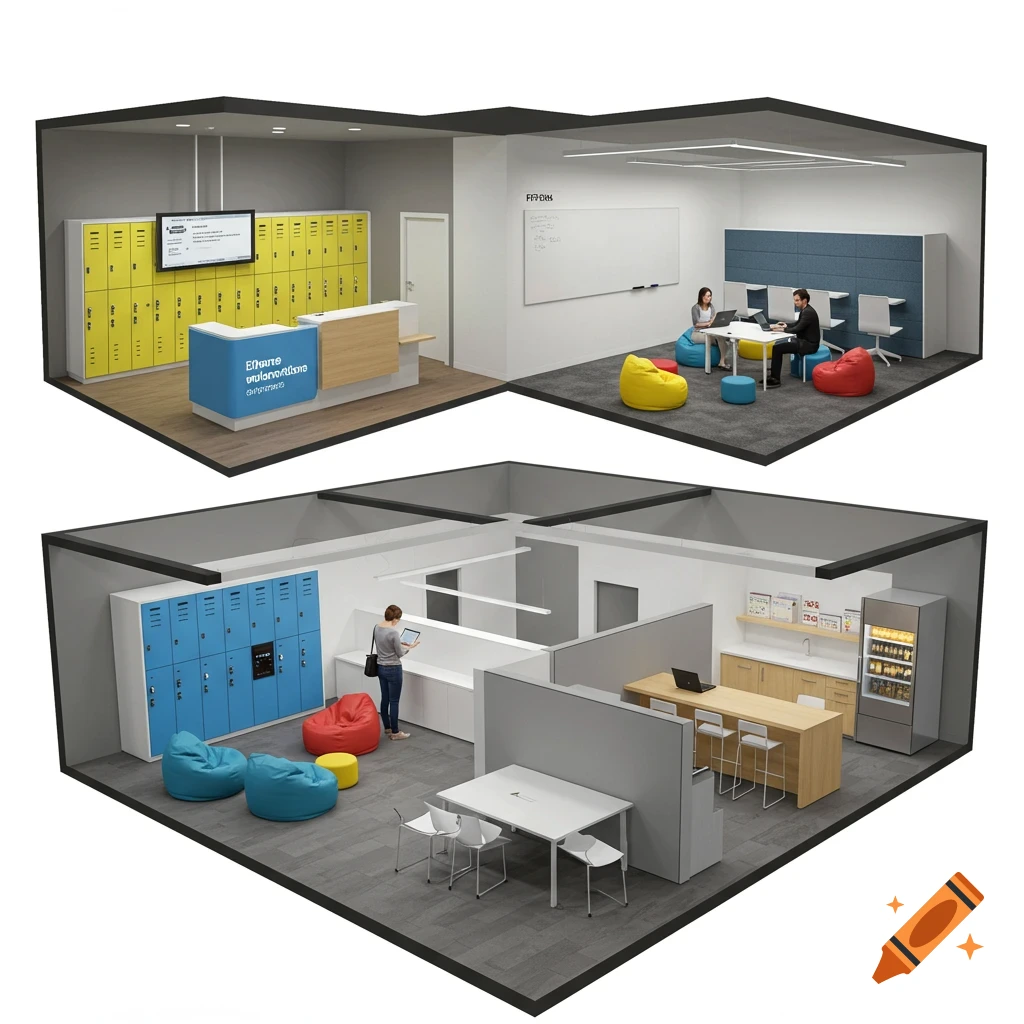 An isometric 3D render of a modern office space divided into four zones: an entrance with a blue service desk and yellow lockers, a collaboration area with colorful bean bags, a quiet study zone with blue lockers, and a cafeteria with a long wooden table and refrigerated display.