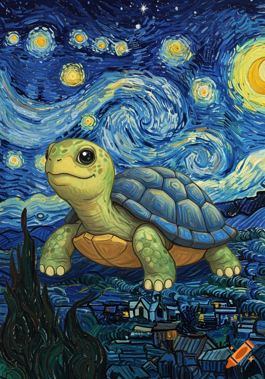 A cute green and blue turtle floating over a village in the swirling, starry sky of Van Gogh's Starry Night.