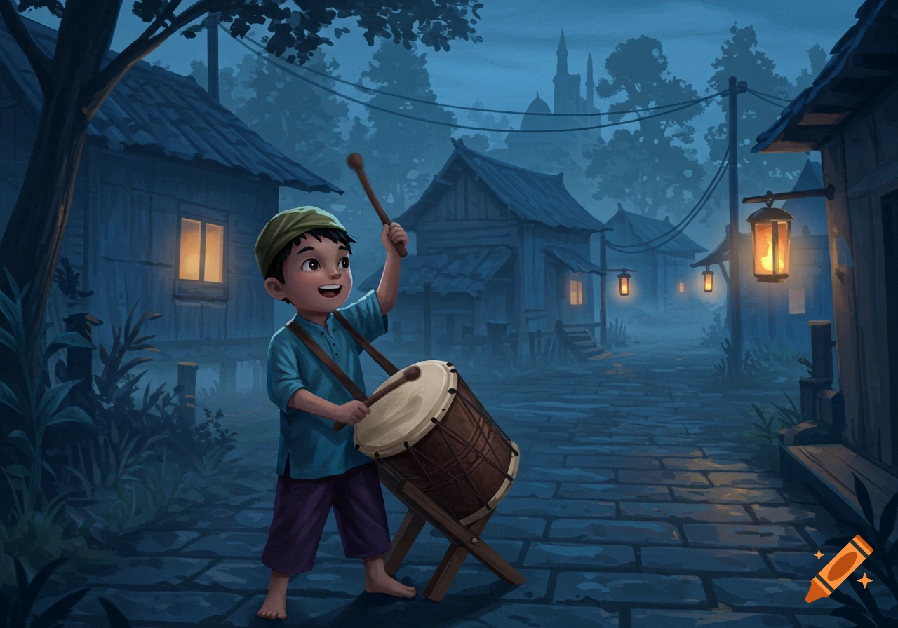 A happy cartoon boy plays a drum in a misty village street at night, illuminated by lanterns.