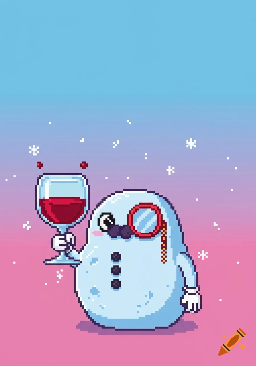 A dapper pixel art snowman-like creature in a monocle and bow tie sips red wine amidst falling snow on a pink and blue background.