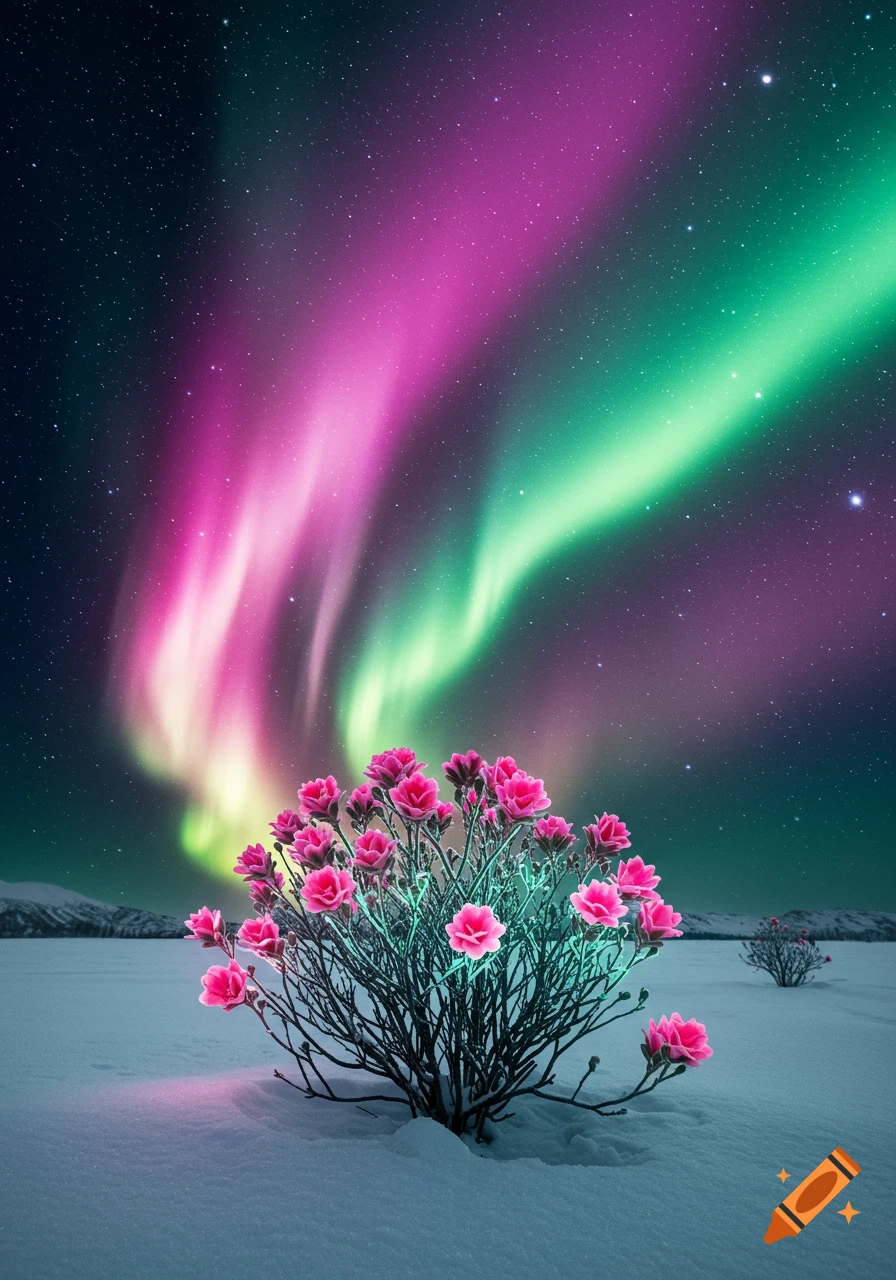 Vibrant pink flowers bloom in a snowy landscape under a starry night sky, illuminated by a vivid pink and green aurora borealis.