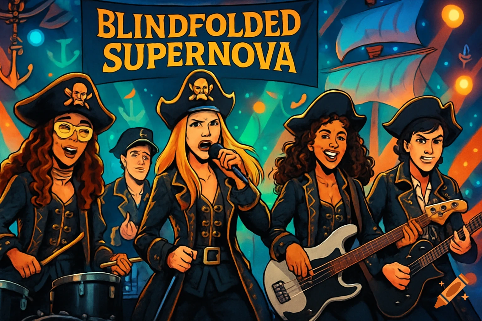 Cartoon pirate rock band "Blindfolded Supernova" performs on stage with drummer, singer, bassist, and two guitarists.