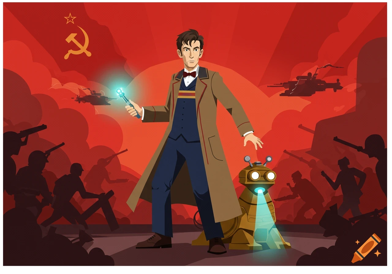 Vector illustration of the Tenth Doctor and K9 against a red, communist-themed background with silhouetted soldiers and tanks.
