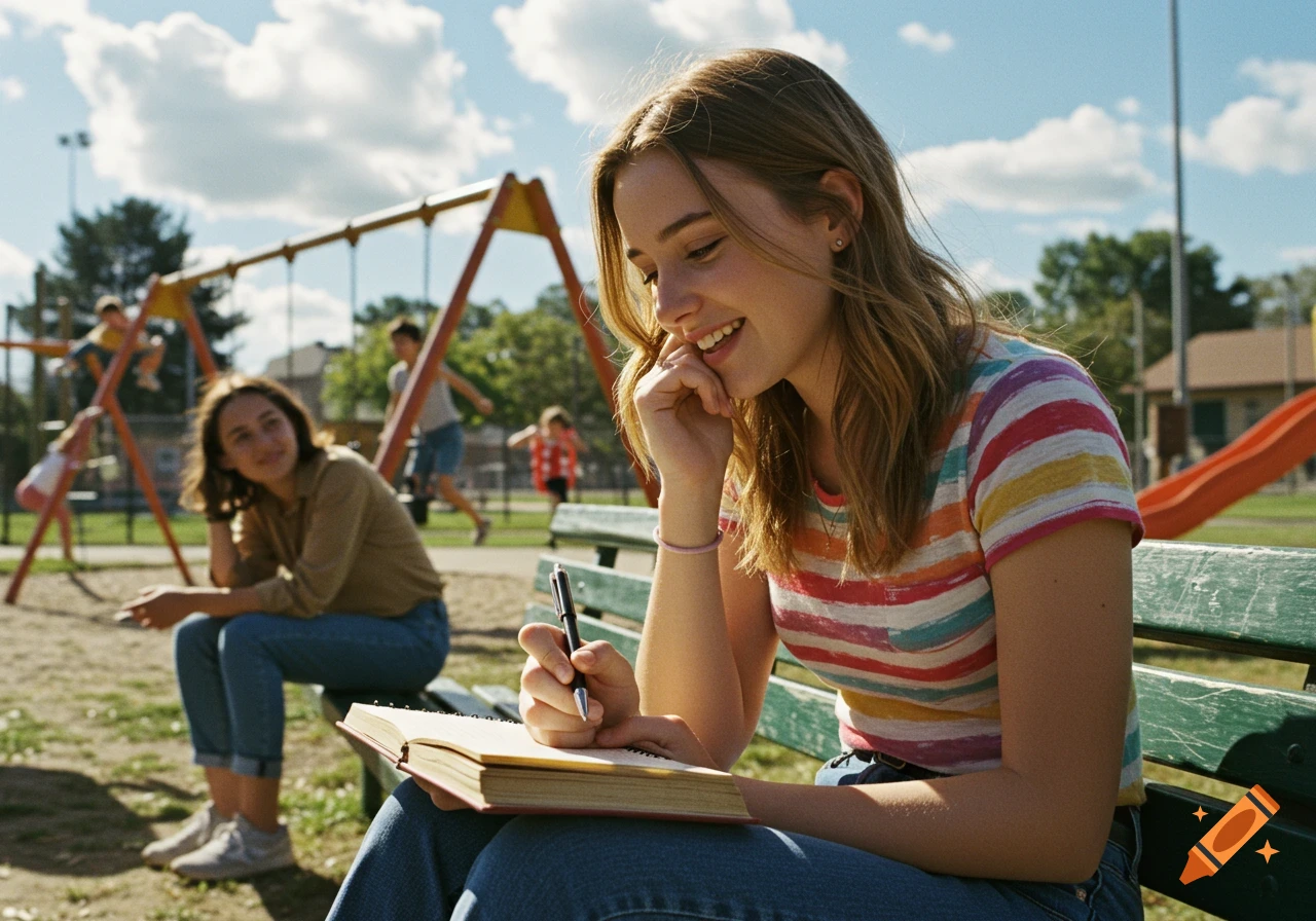 Smiling young woman writing in a notebook on a park bench, with another person and playing children in the background under a blue sky.
