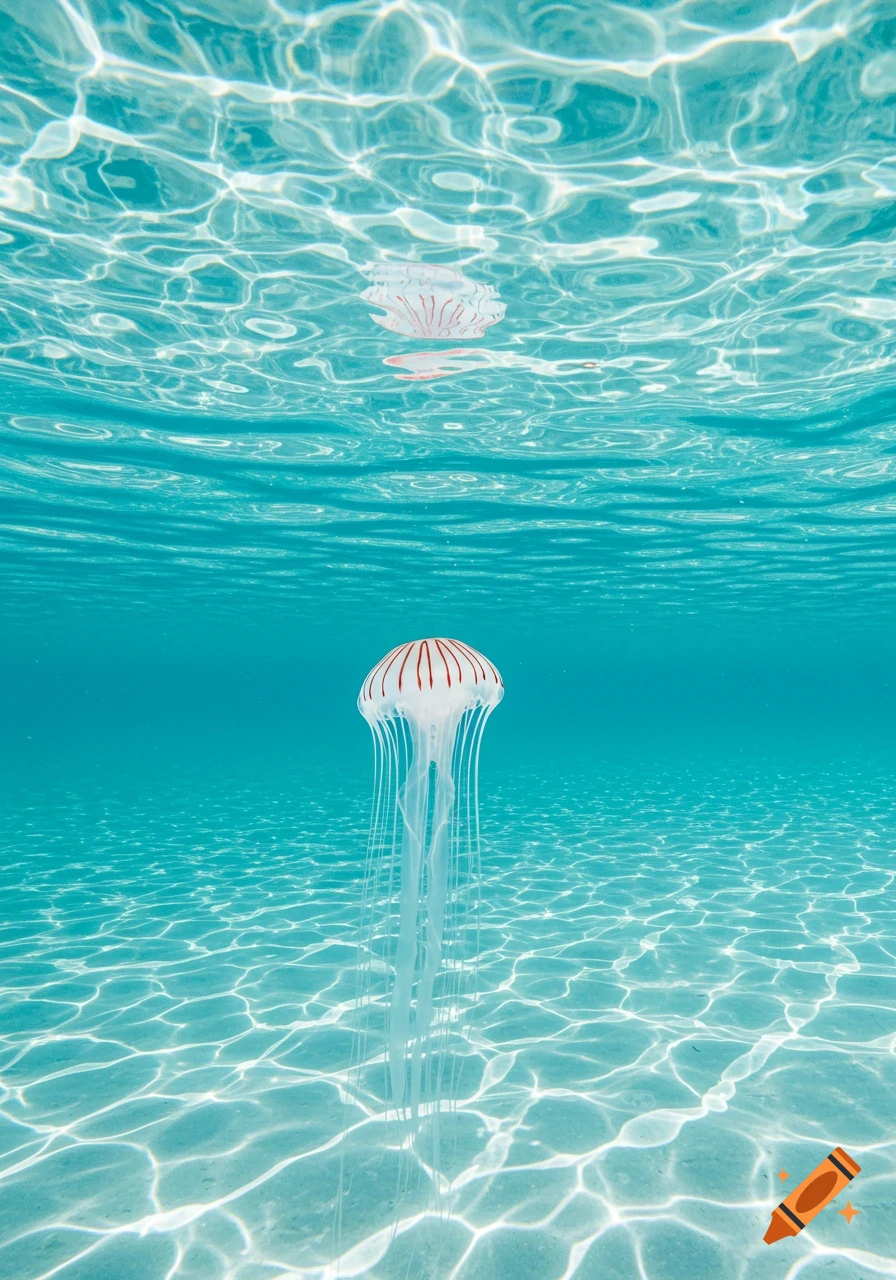 A translucent jellyfish with delicate white tentacles and red stripes floats in crystal-clear blue ocean water above a sandy seafloor, with sunlight dappling the surface.