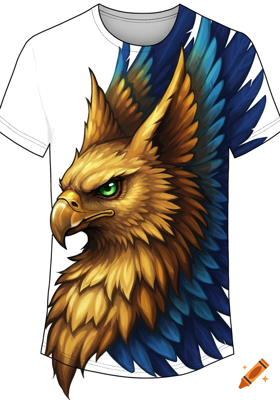 A white t-shirt with a detailed illustration of a golden and blue gryphon head, featuring green eyes.