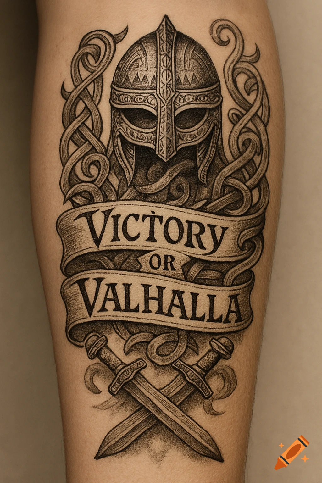 A detailed black and white medieval-style tattoo on an arm, featuring a Viking helmet, crossed swords, Celtic knots, and a banner with "VICTORY OR VALHALLA".