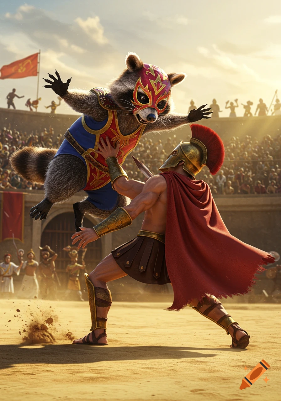 A luchador raccoon body slams a Spartan in a sunlit Roman coliseum as a crowd watches.