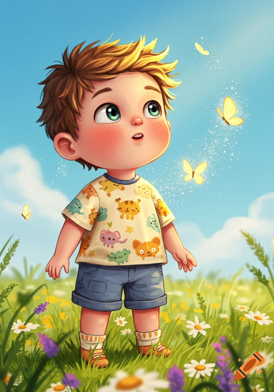 Cartoon boy with green eyes and freckles looking up at sparkling yellow butterflies in a sunny field of wildflowers.