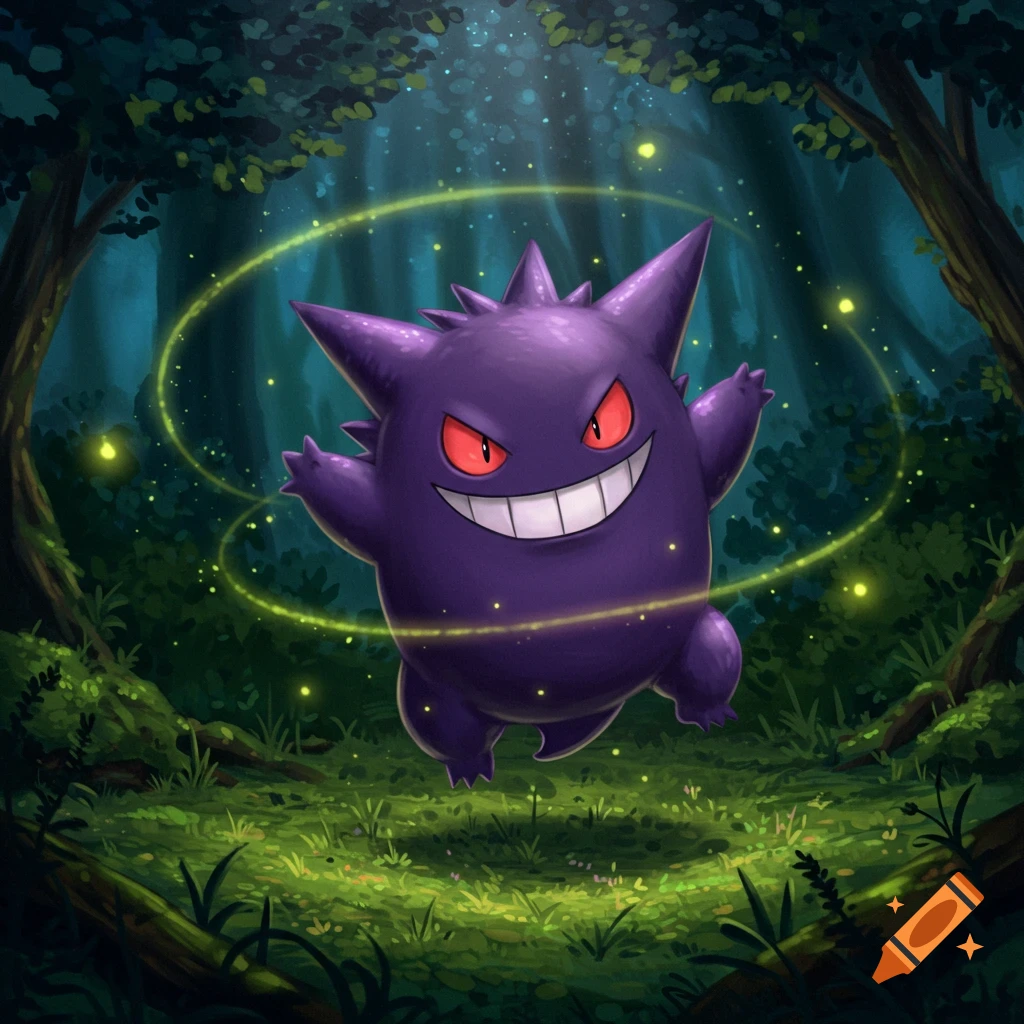 Gengar, a purple ghost-like Pokémon with a wide grin and red eyes, floats in a mystical dark forest surrounded by glowing rings and fireflies. Digital art.