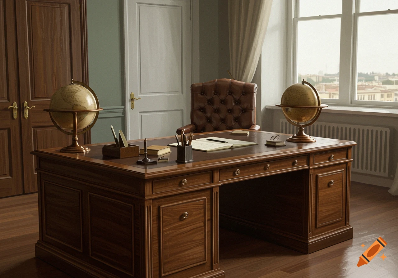 A classic, elegant office with a large wooden desk, a brown leather armchair, two globes, and a window with a city view.
