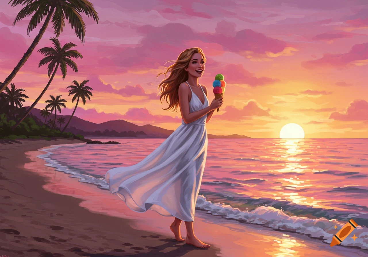 Illustrated woman in a white dress holding ice cream on a beach with palm trees at sunset.