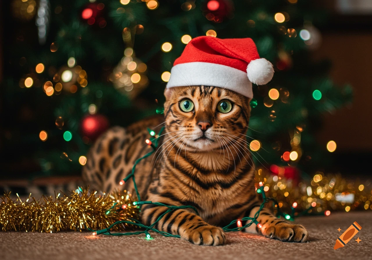 Photorealistic Bengal cat in a Santa hat tangled in Christmas lights, with a decorated Christmas tree in the background.