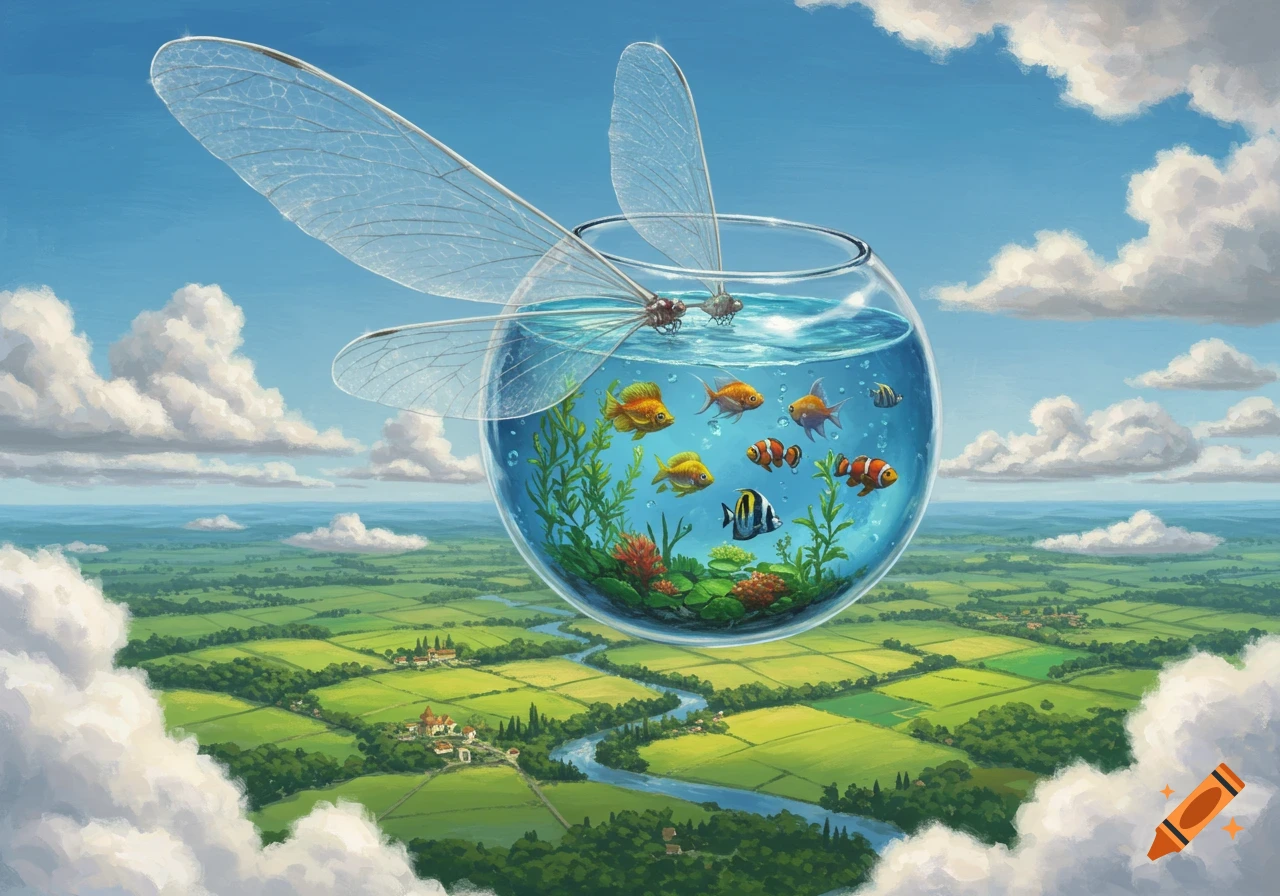 A whimsical fishbowl with large transparent dragonfly wings flies over a lush green rural landscape under a blue sky with clouds. Inside are colorful fish and aquatic plants.