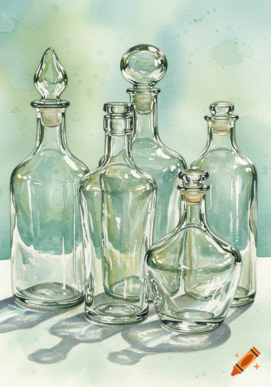 A watercolor still life of five clear glass bottles with stoppers, casting shadows on a light surface against a soft green background.
