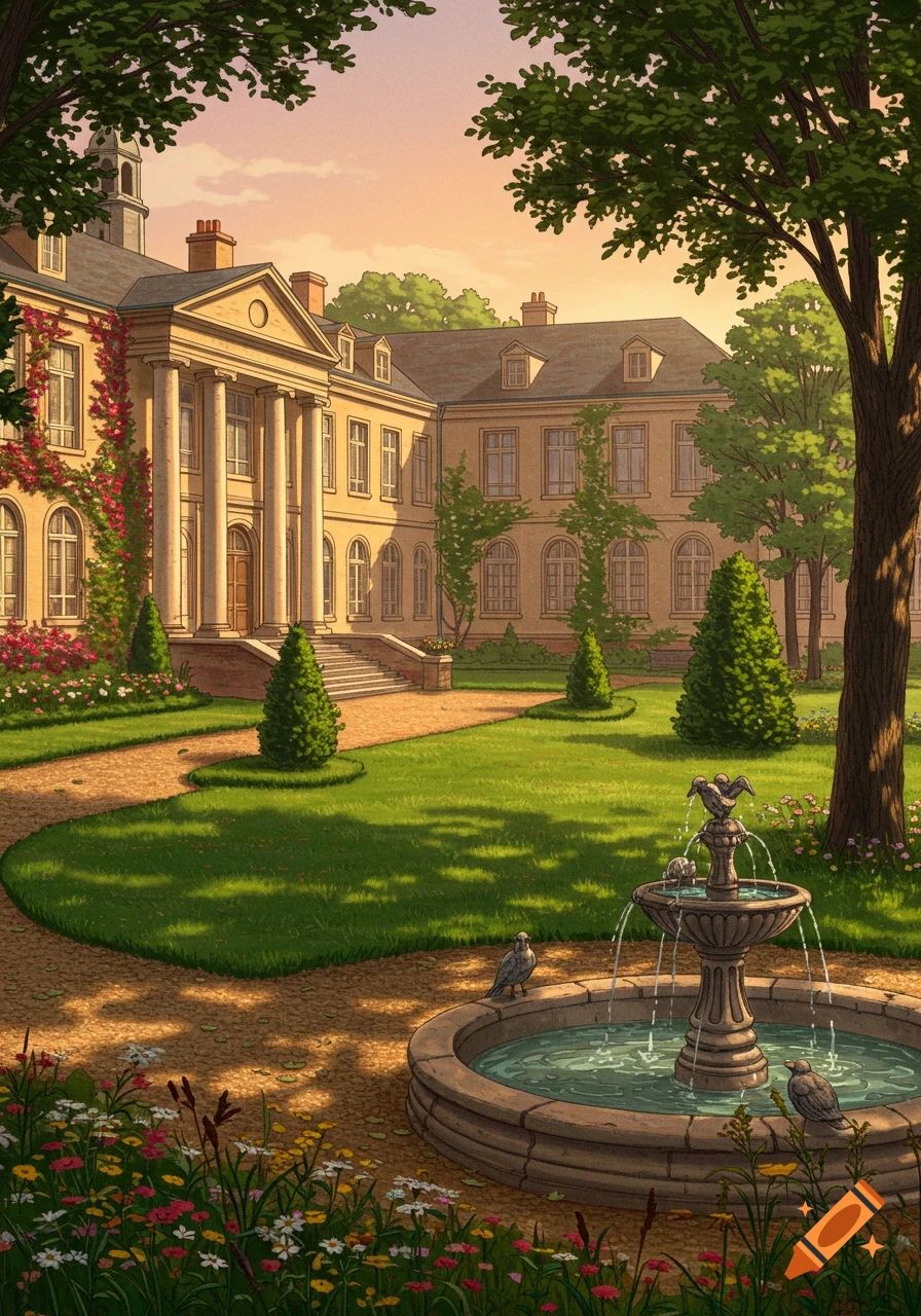 A vibrant illustration of a grand classical building with a lush garden, winding path, and fountain at sunset.