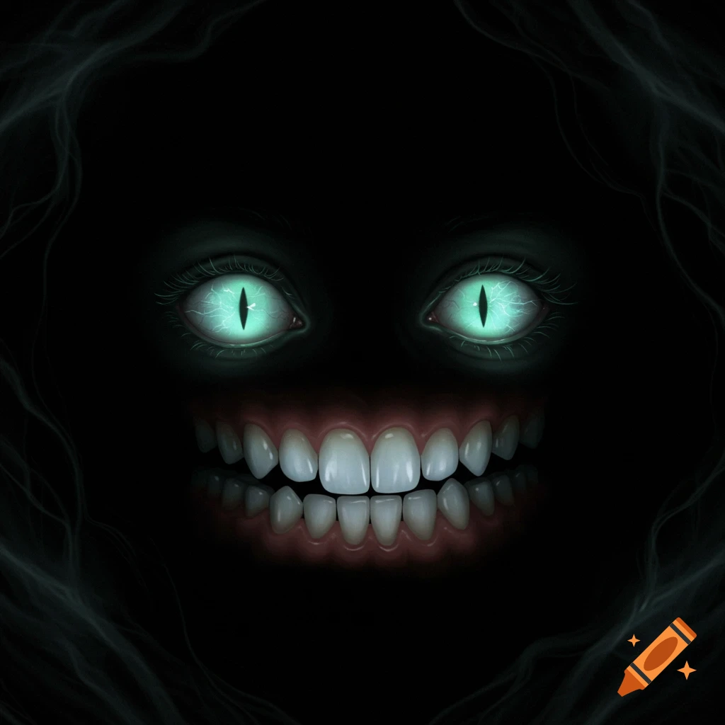 A pair of glowing green cat-like eyes and many white grinning teeth emerge from deep darkness, with wisps of smoke.