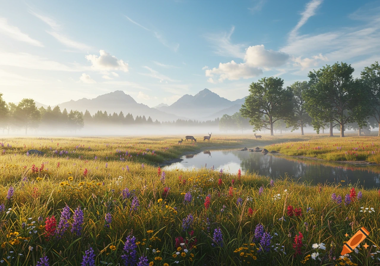 Serene photorealistic landscape: deer graze in a lush meadow with colorful wildflowers, a stream, and misty mountains.