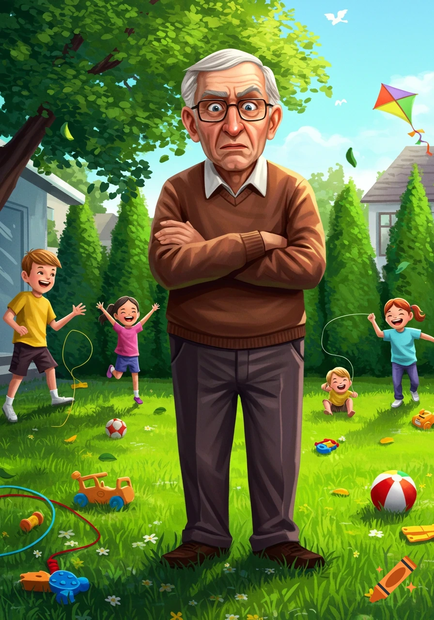 Cartoon illustration of a grumpy old man standing in his backyard while happy children play with toys around him.