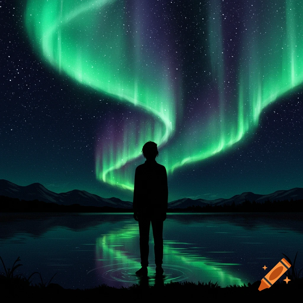 A silhouette of a person stands in a lake, gazing at vibrant green and purple aurora borealis in a starry night sky above mountains. Stylized digital art.