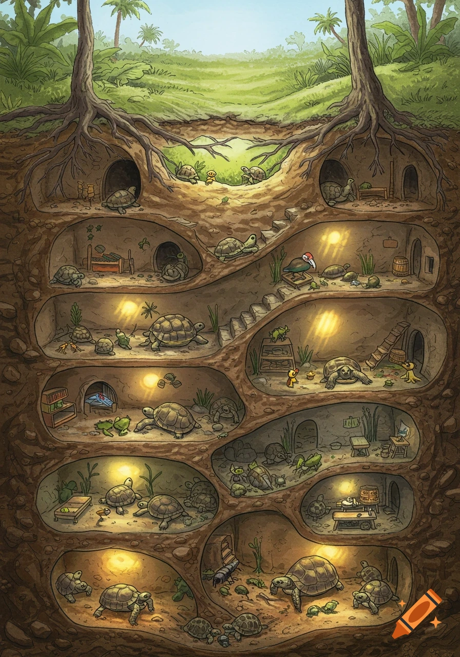 Detailed cartoon illustration of a gopher tortoise burrow system, with many chambers inhabited by tortoises, frogs, and insects.