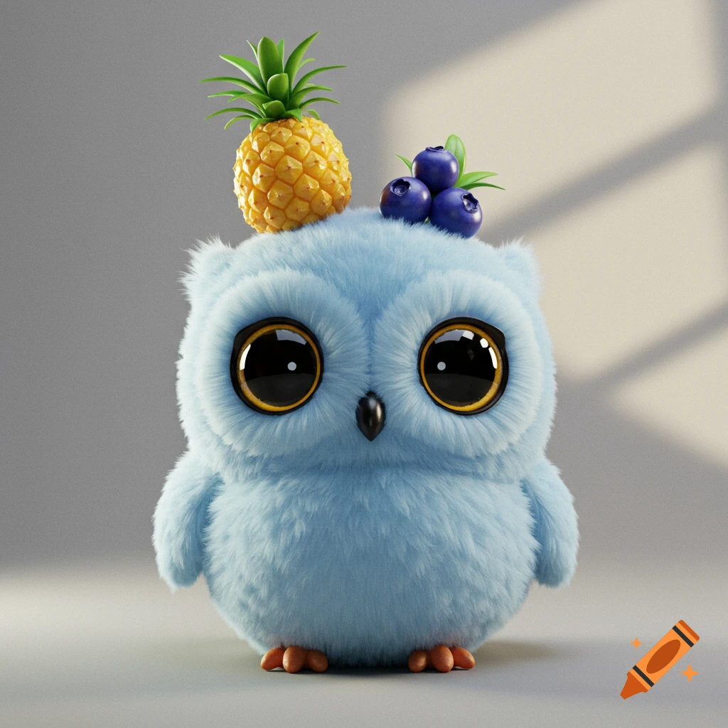 A fluffy sky blue owl with big dark eyes, an orange pineapple, and blue blueberries on its head, in a realistic 3D render.