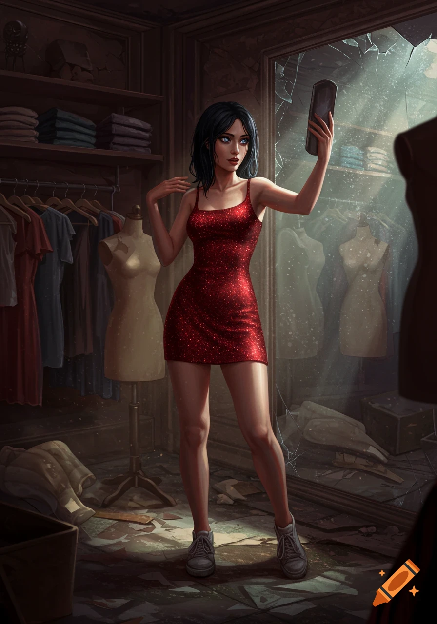 Dark-haired woman in a red sparkly mini dress and sneakers poses in a ruined clothing store, looking into a broken mirror. Digital art.