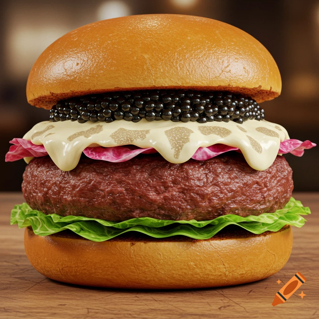 A gourmet burger with caviar, truffle béchamel, pink lettuce, and a wagyu patty on a wooden surface.