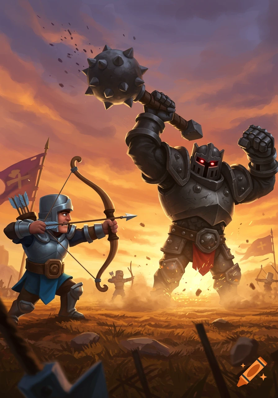 A cartoon archer aims an arrow at a massive armored knight wielding a spiked mace during a battle at sunset.