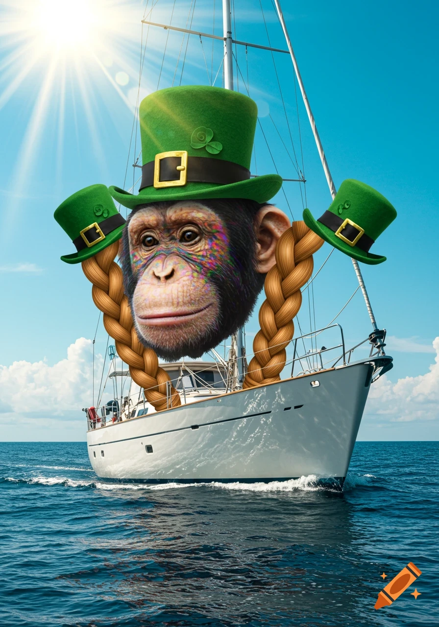 A psychedelic monkey head with braids and green leprechaun hats floats above a yacht on a sunny ocean.