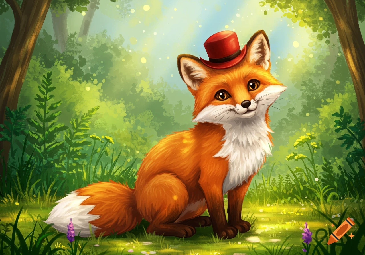 A cute orange fox wearing a red top hat sits in a lush green forest, depicted in a whimsical illustration style.