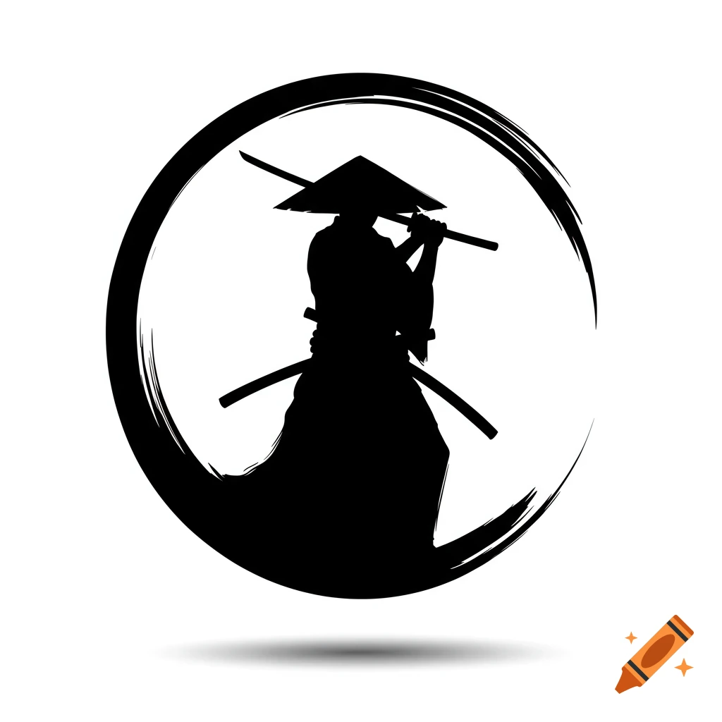 A black silhouette of a samurai in a conical hat, holding a sword over their shoulder, framed by a hand-drawn brushstroke circle, on a white background.