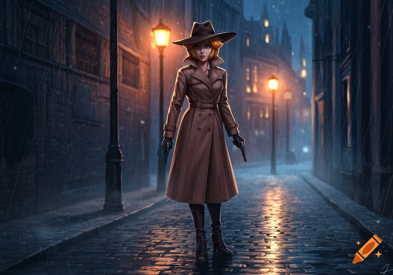 A stylized digital art image of a woman detective in a trench coat and hat, holding two pistols on a rainy city street at night.