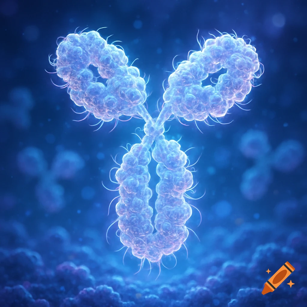 A glowing blue 3D rendering of an antibody molecule against a blurred dark blue microscopic background.