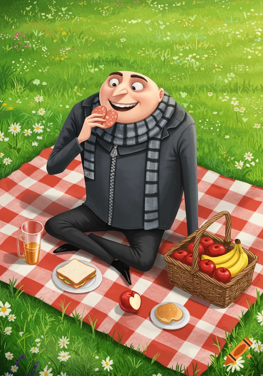 Gru from Despicable Me sits happily on a red and white checkered picnic blanket, eating a piece of bologna.