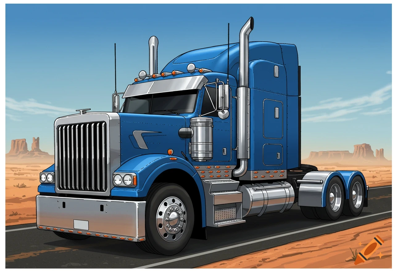Cartoon illustration of an exaggerated blue semi truck with a sleeper cab driving on a desert road with mesas in the background.