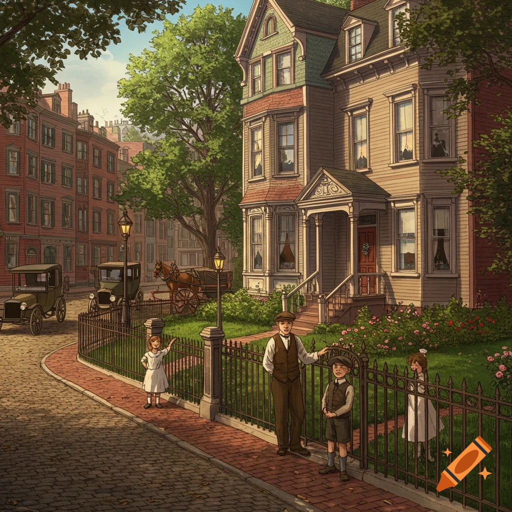 Illustration of a 1900s Boston street with a man and children, large Victorian house, row houses, vintage cars, and a horse carriage.