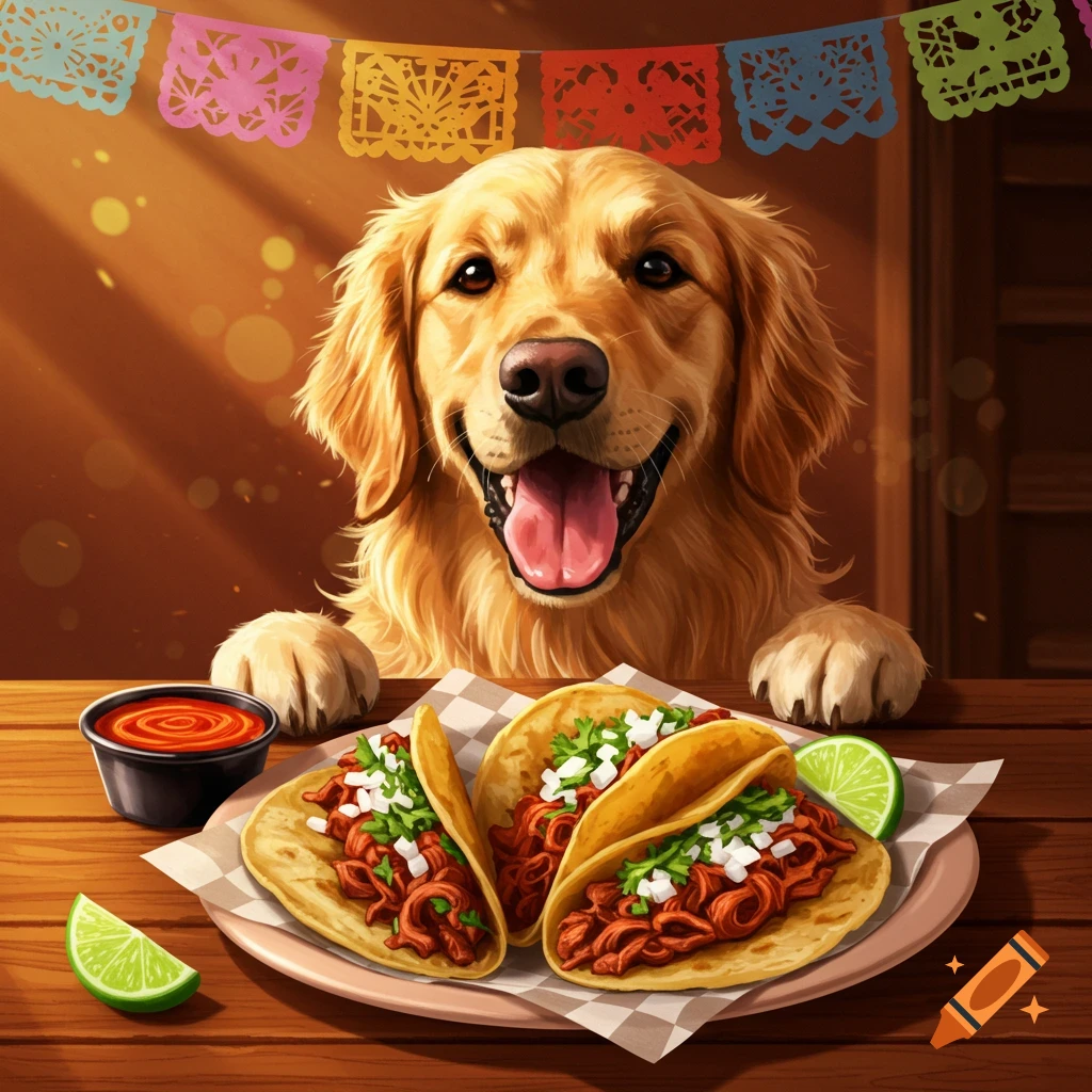 A golden retriever happily looking at a plate of tacos with limes and sauce, under colorful festive banners.