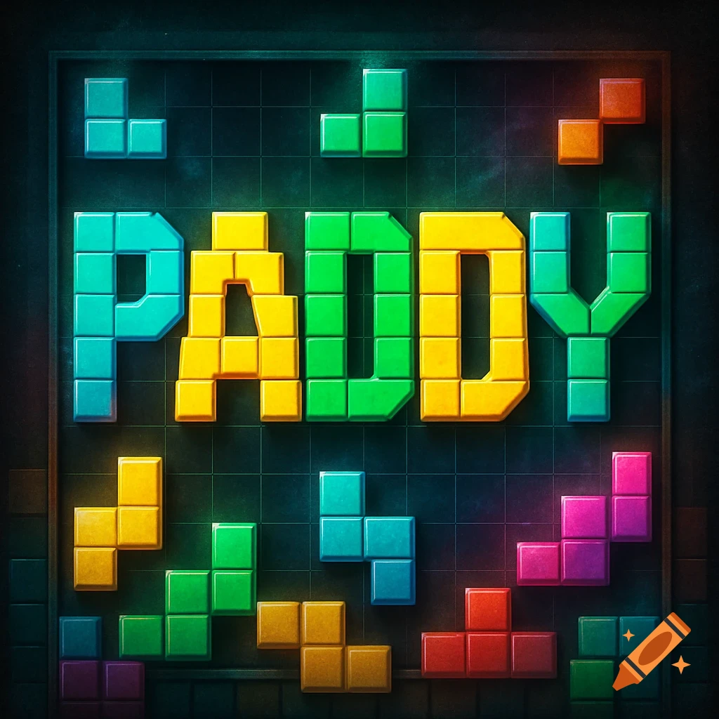 The word PADDY formed by colorful, glowing Tetris blocks on a dark grid background.