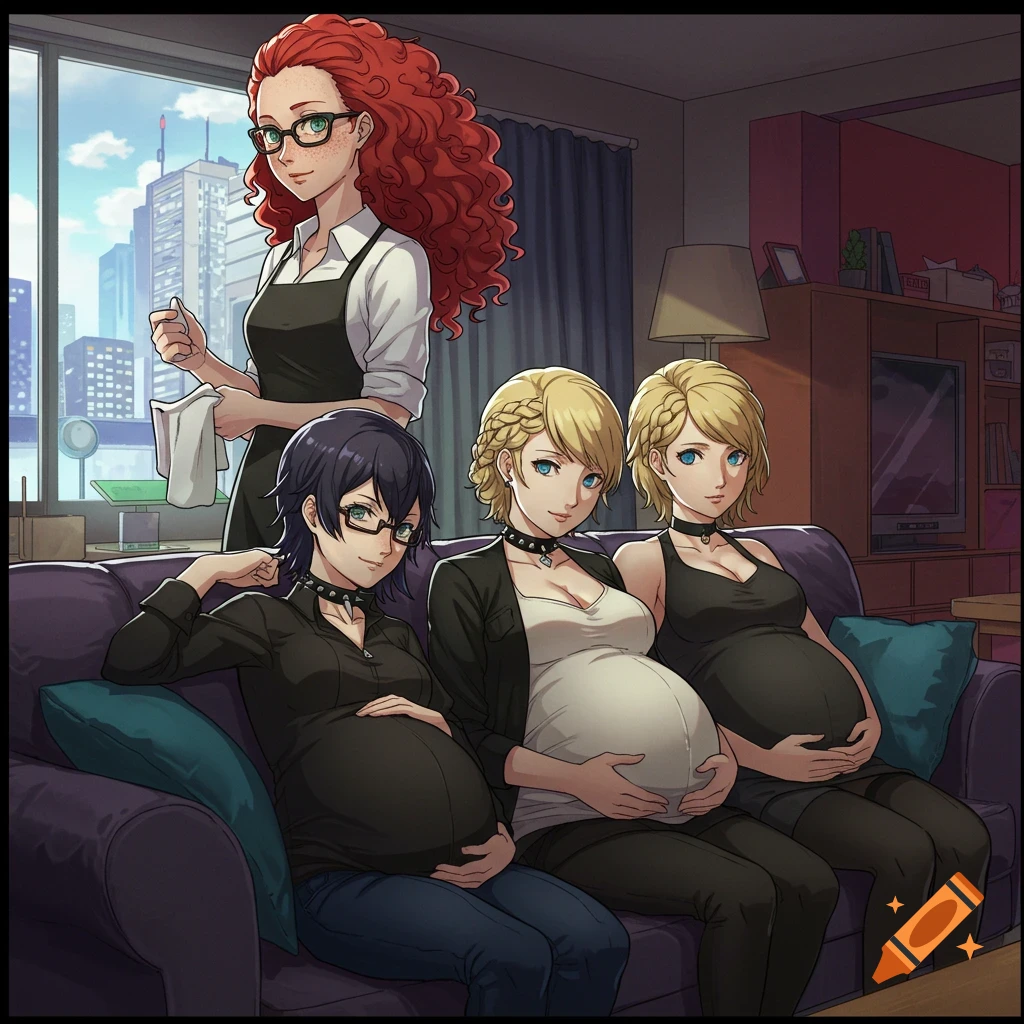 Anime illustration of a red-haired woman standing while three other women, two blonde and one dark-haired, sit on a couch, all visibly pregnant.
