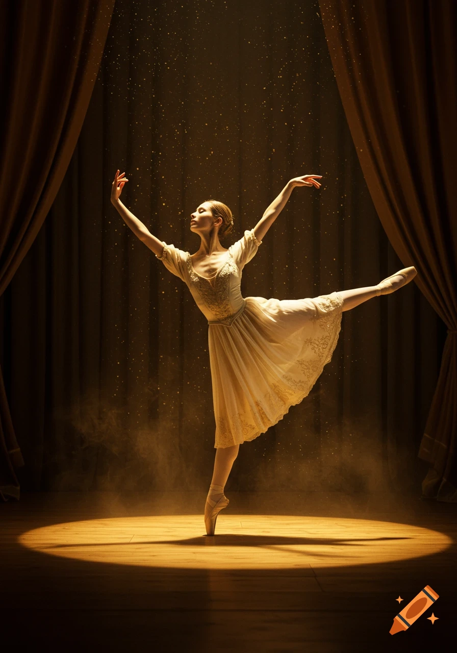 A ballerina in a white dress performs on a spotlighted wooden stage with dark curtains and sparkling dust, photorealistic.