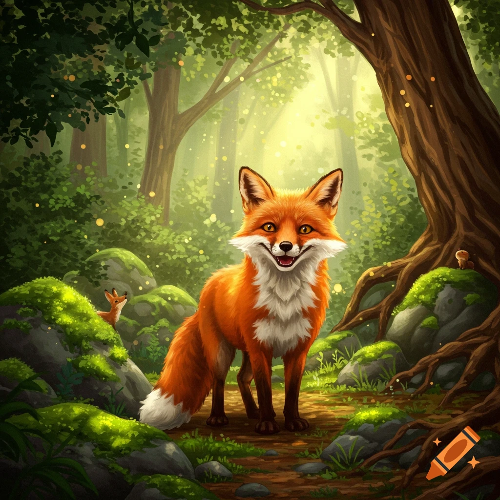 An illustrated mischievous orange fox with a wide smile stands in a magical, sunlit forest with another fox.