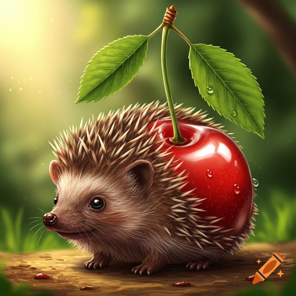 A cute hedgehog with a shiny red cherry replacing part of its quills, standing on dirt in a sun-dappled forest.
