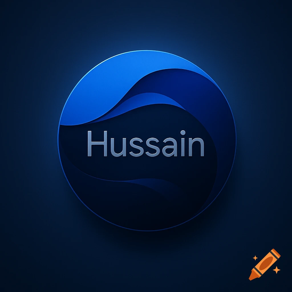 Modern blue and dark blue abstract logo with swirling shapes and the name 'Hussain' in silver text.