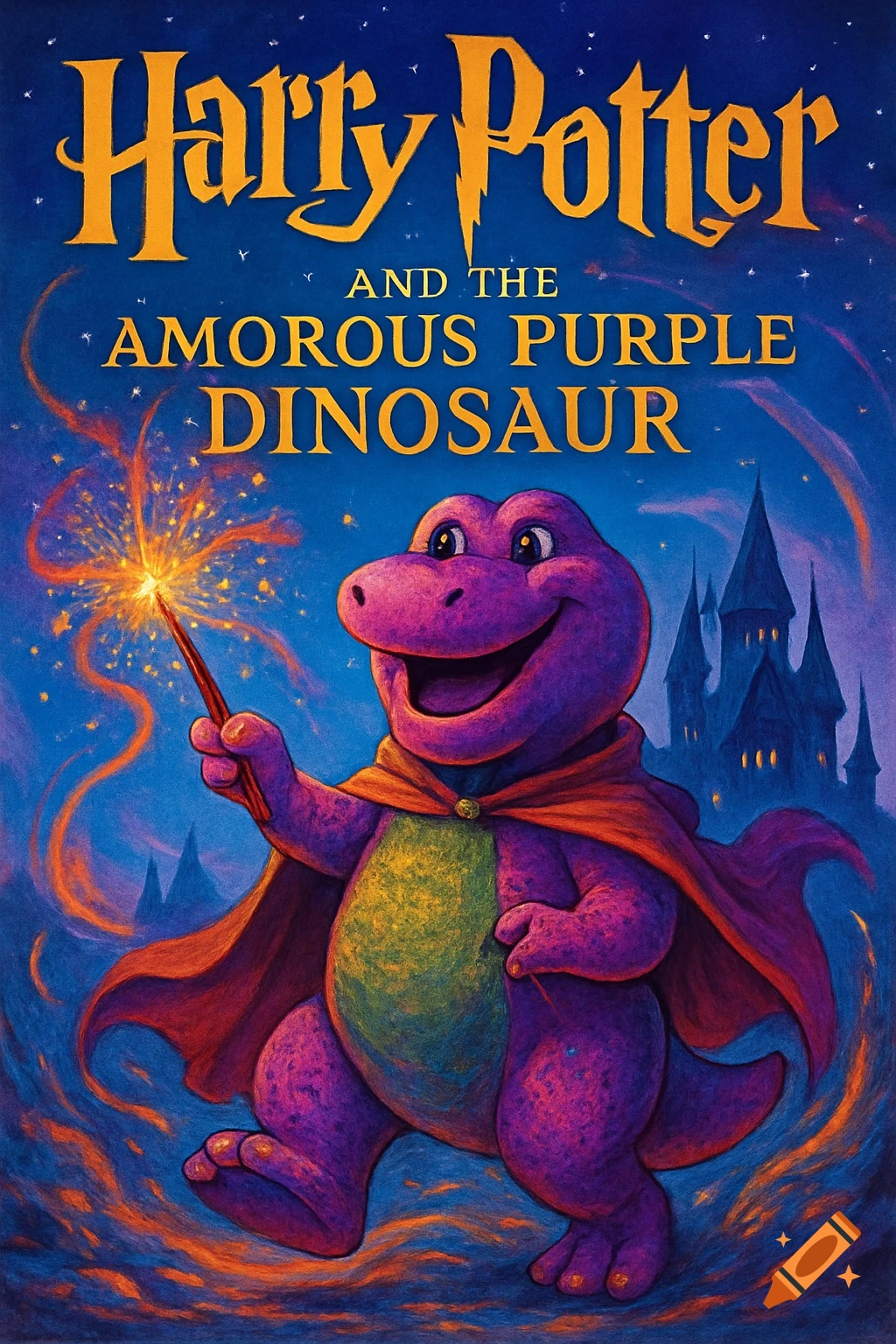 A purple dinosaur in a wizard cape holds a sparkling wand against a starry, castle background, as a book cover titled 'Harry Potter and the Amorous Purple Dinosaur'.